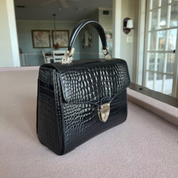 Aspinal of London Mayfair Midnight Black Patent Croc Top Handle Handbag Purse - Picture 1 of 7